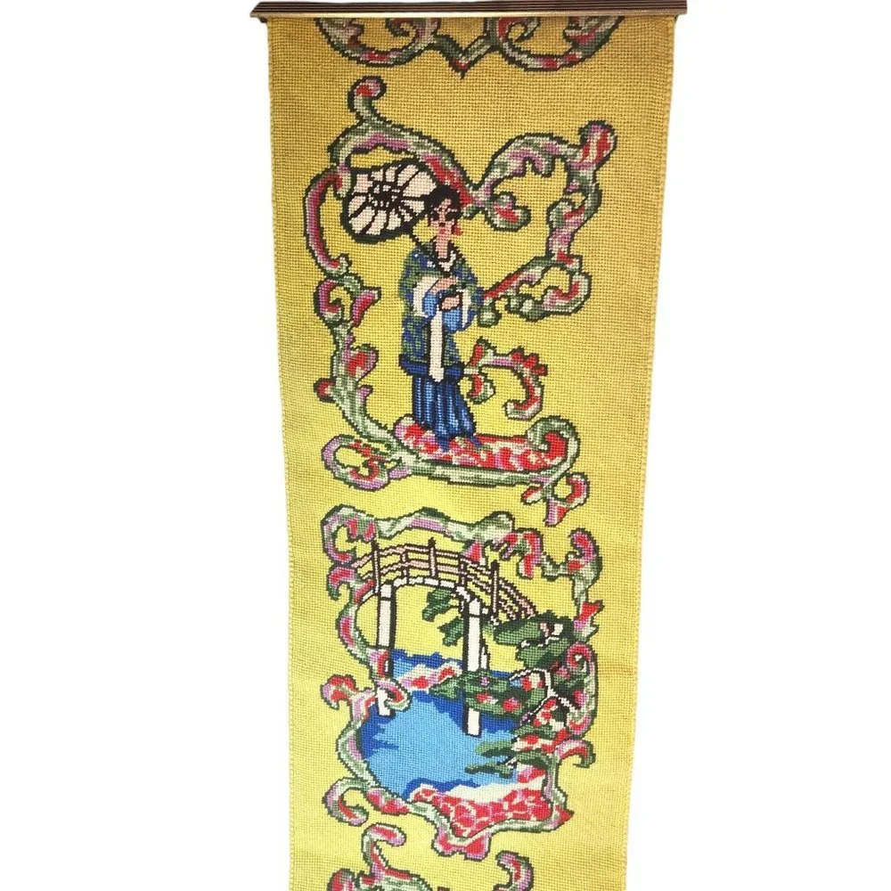 Vintage MCM Mid Century Modern Asian Inspired Needlepoint Wall Tapestry Hanging